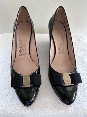 Salvatore Ferragamo Black Patent Vara Bow Wedges with Gold Plate